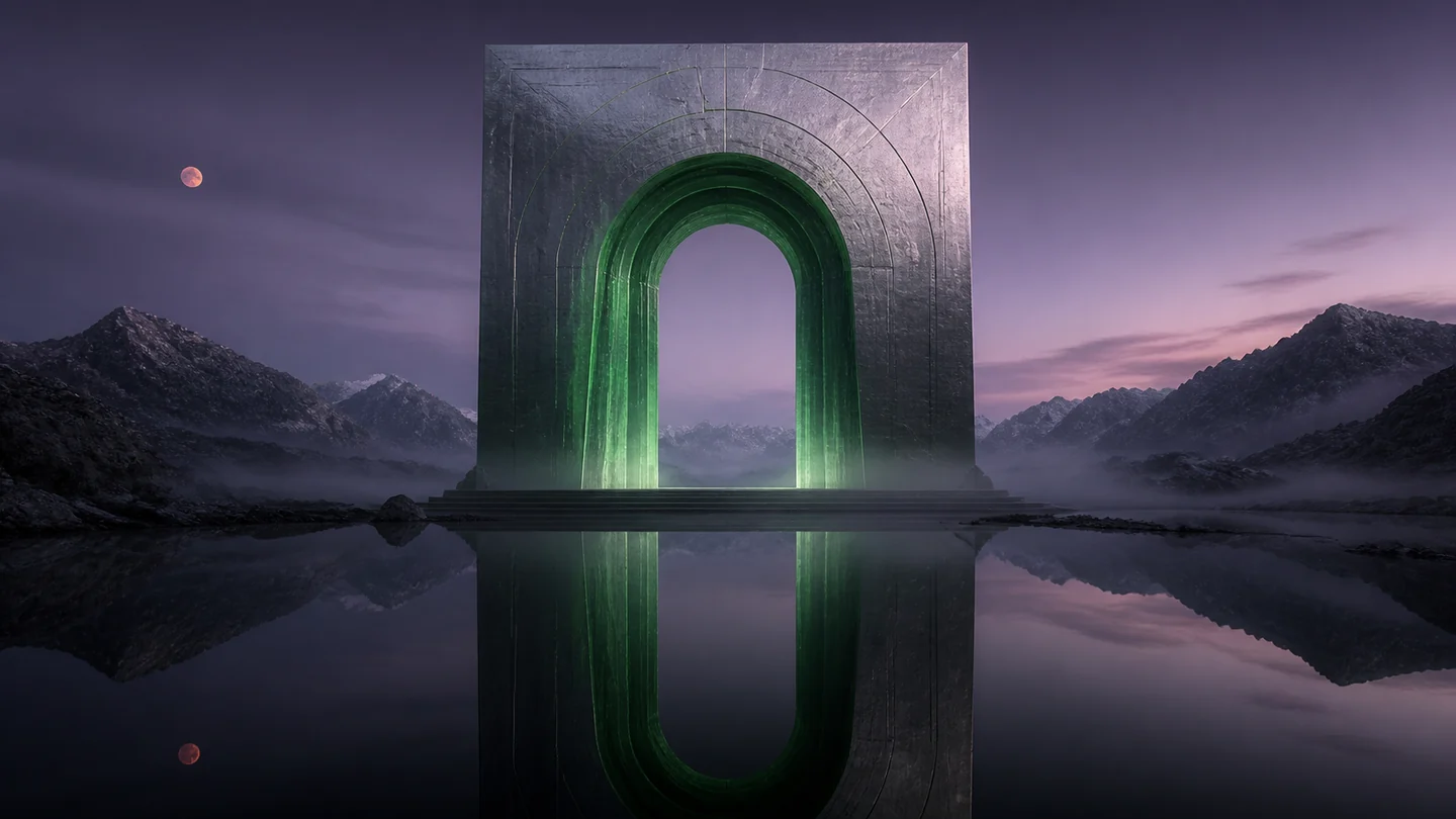 A luminous circular portal reflected in calm water